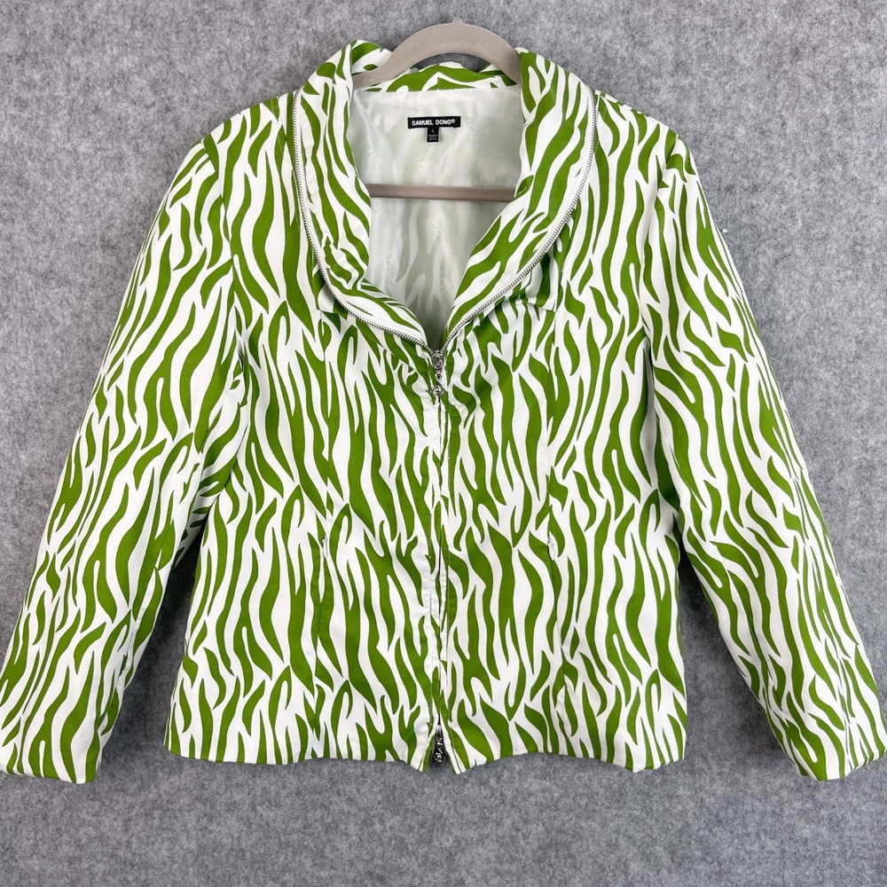 Samuel Dong Jacket Womens Large Green Zebra Print Zip Front Artsy Avant Garde